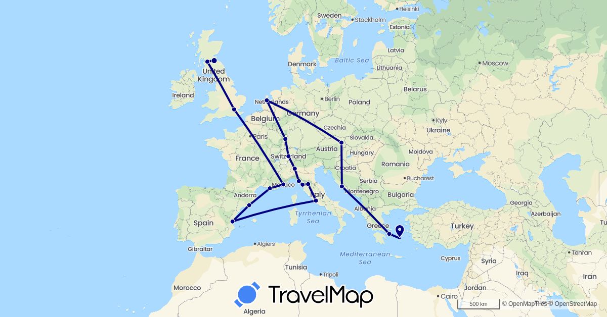 TravelMap itinerary: driving in Austria, Switzerland, Spain, France, United Kingdom, Greece, Croatia, Italy, Monaco, Netherlands, Vatican City (Europe)